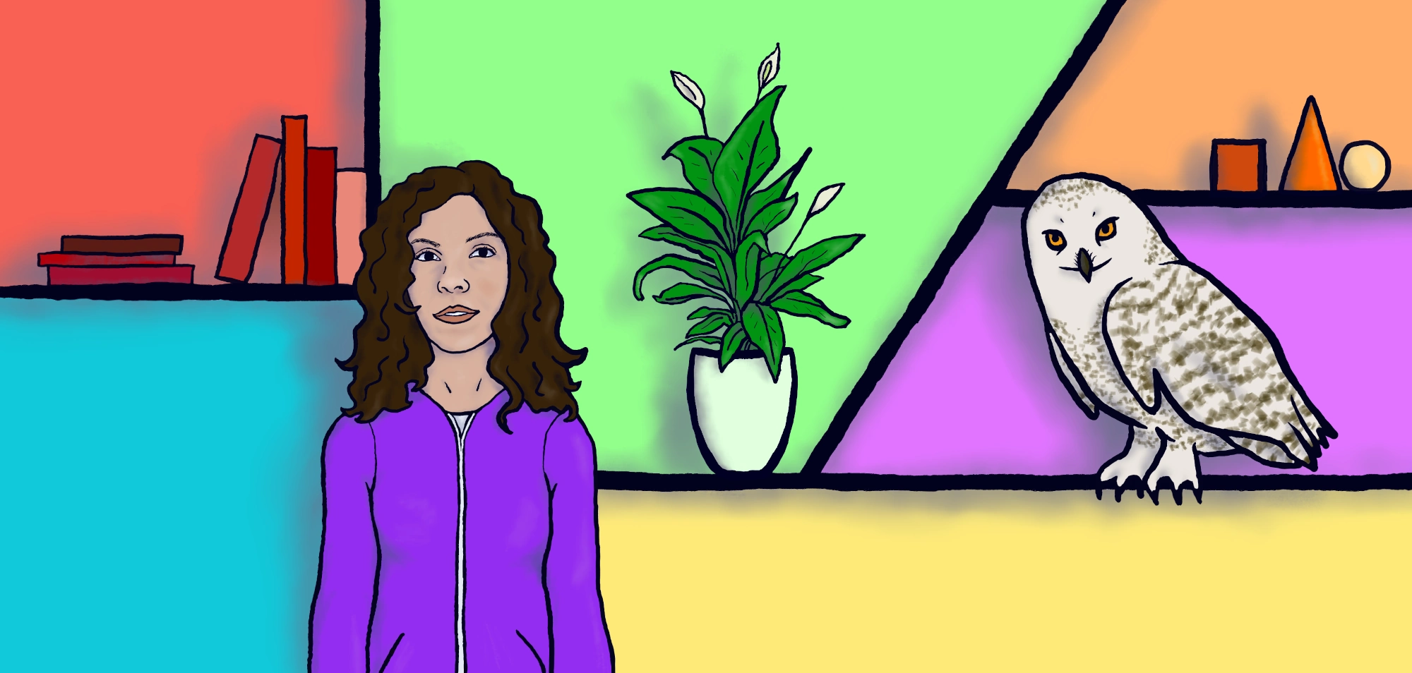 Un dibujo con la autora delante de estanterías de colores