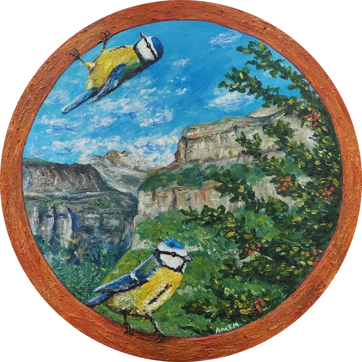 Dos herrerillos se asoman desde un marco redondo con vistas al valle de Ordesa