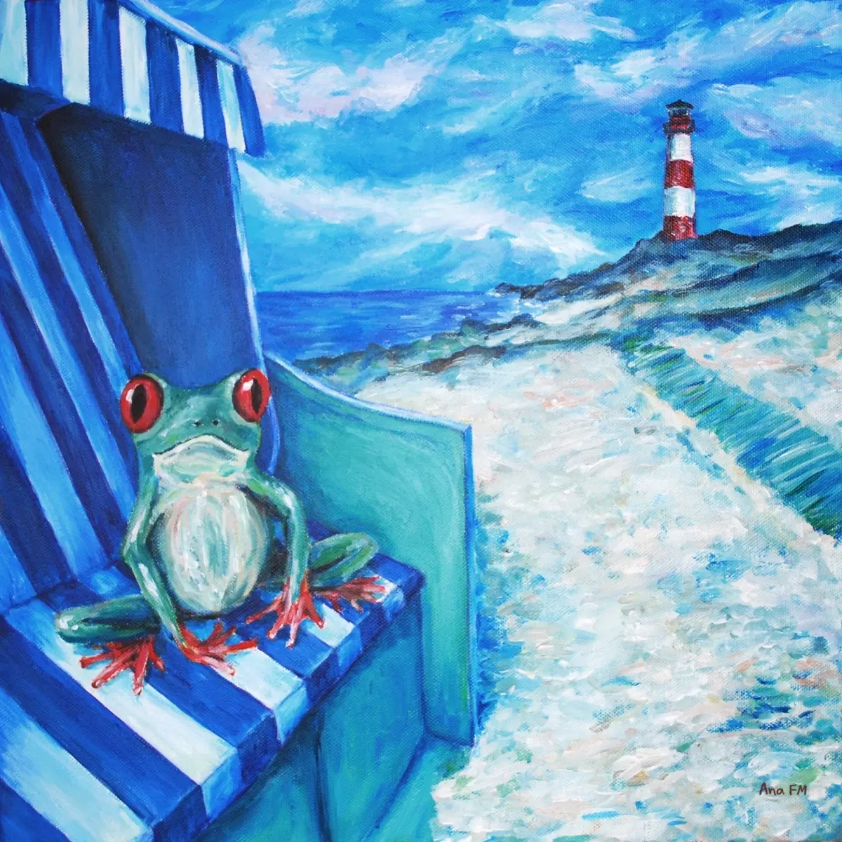 Una rana está sentada en un strandkorb en una playa del Mar del Norte