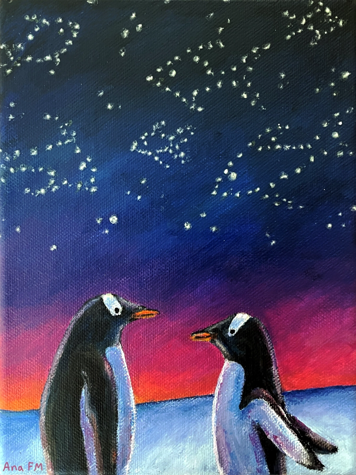 Dos pingüinos papúa bajo un cielo estrellado con constelaciones en forma de pez