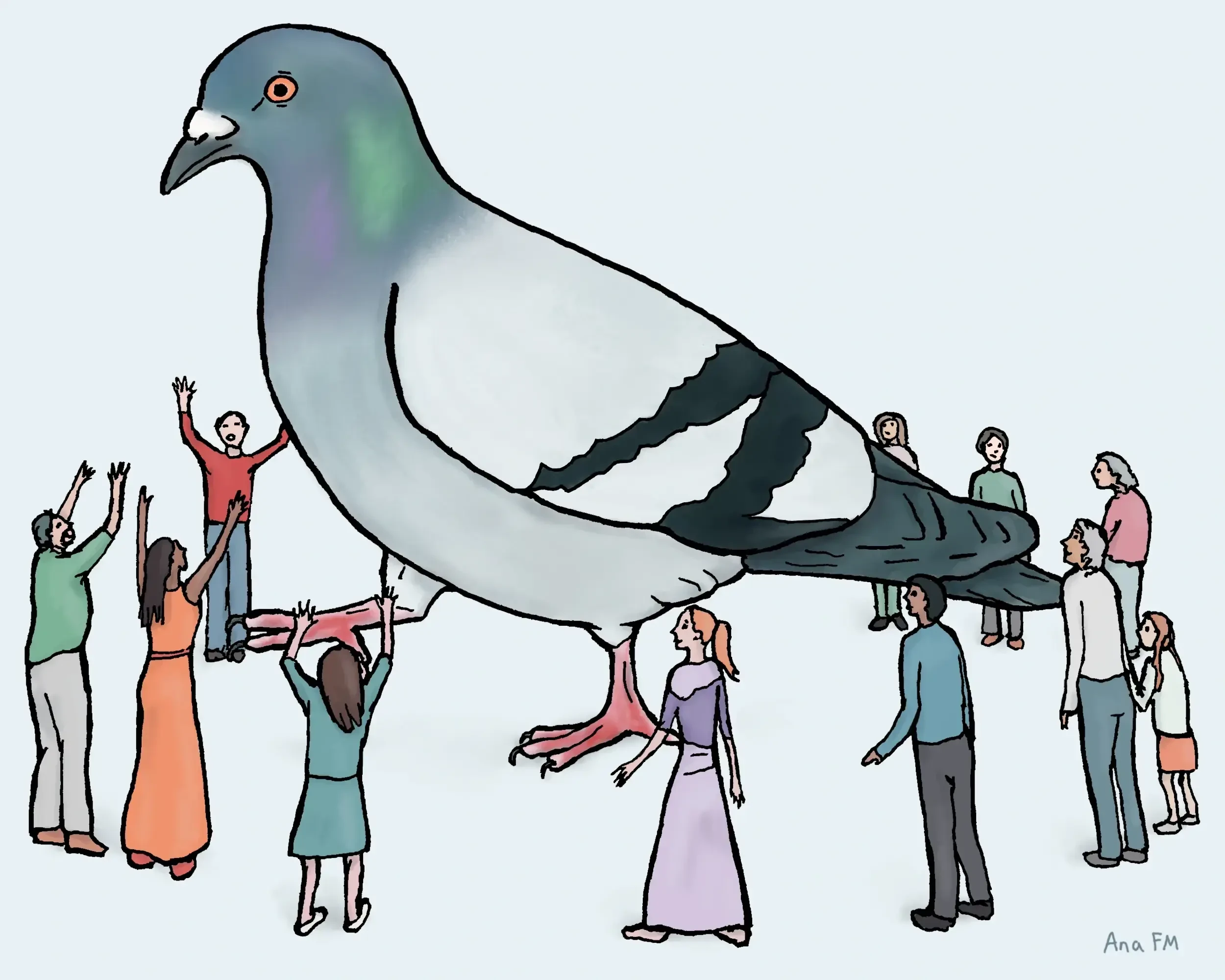 Una paloma intenta cruzar un grupo de gente minúscula