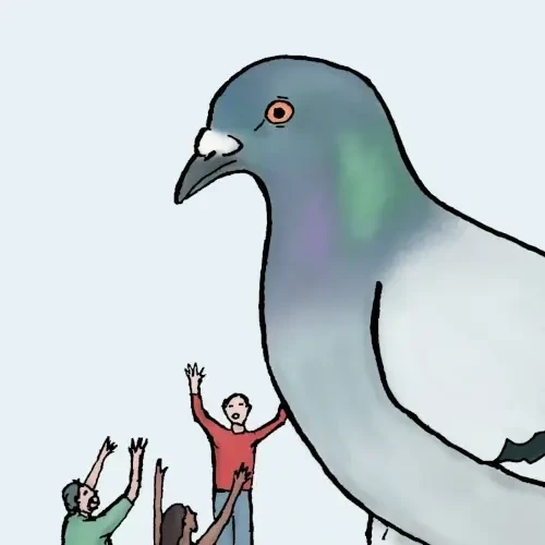 Una paloma intenta cruzar un grupo de gente minúscula