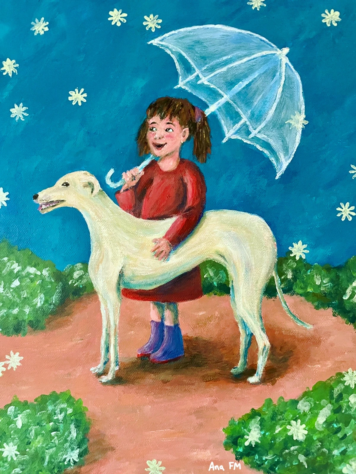 Una niña acompañada de su galgo se protege con un paraguas de una lluvia de estrellas