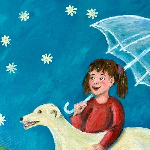 Una niña acompañada de su galgo se protege con un paraguas de una lluvia de estrellas