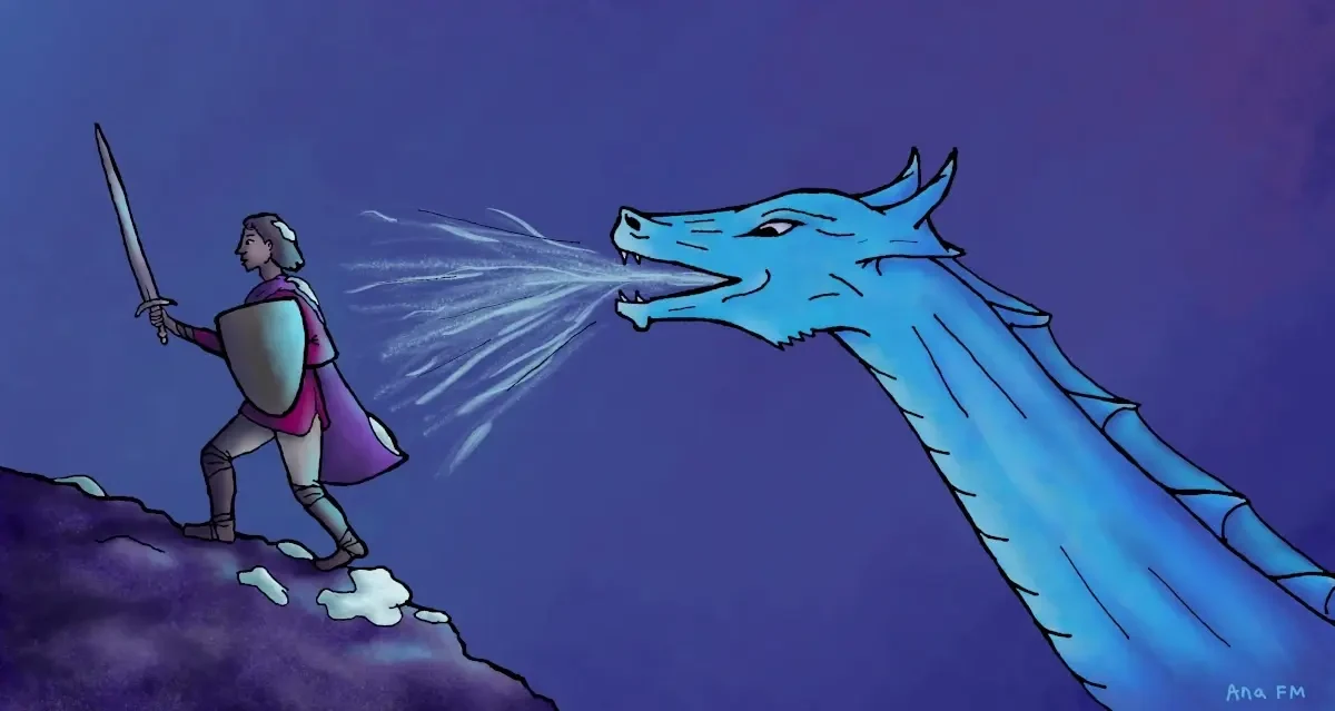 Un dragón lanza un ataque de hielo y nieve sobre un caballero descuidado