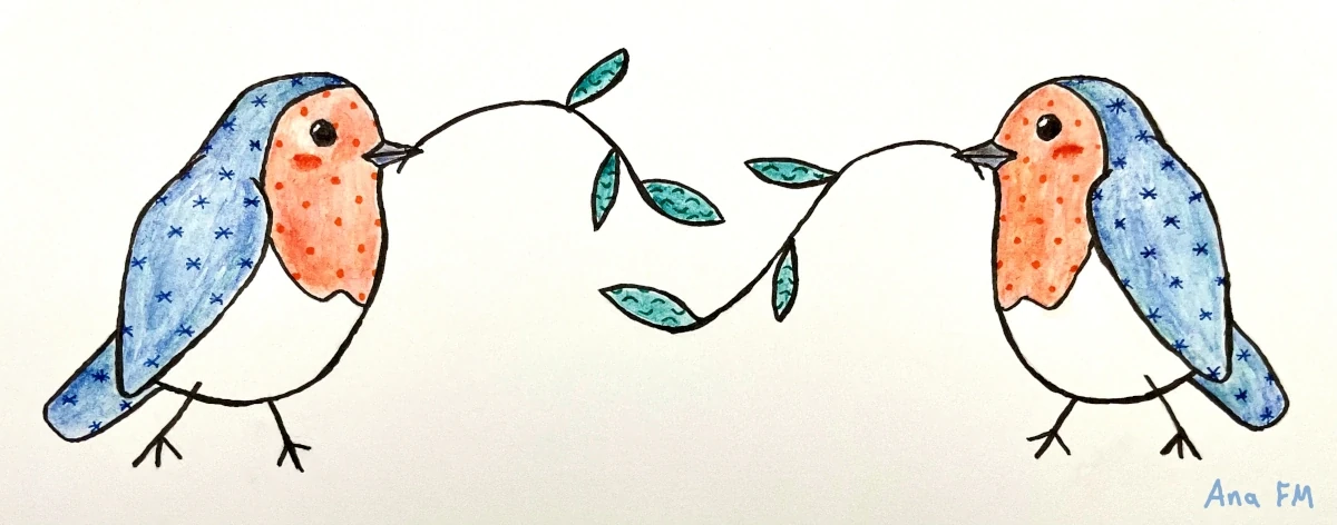 Dos petirrojos se miran de frente mientras sostienen ramitas