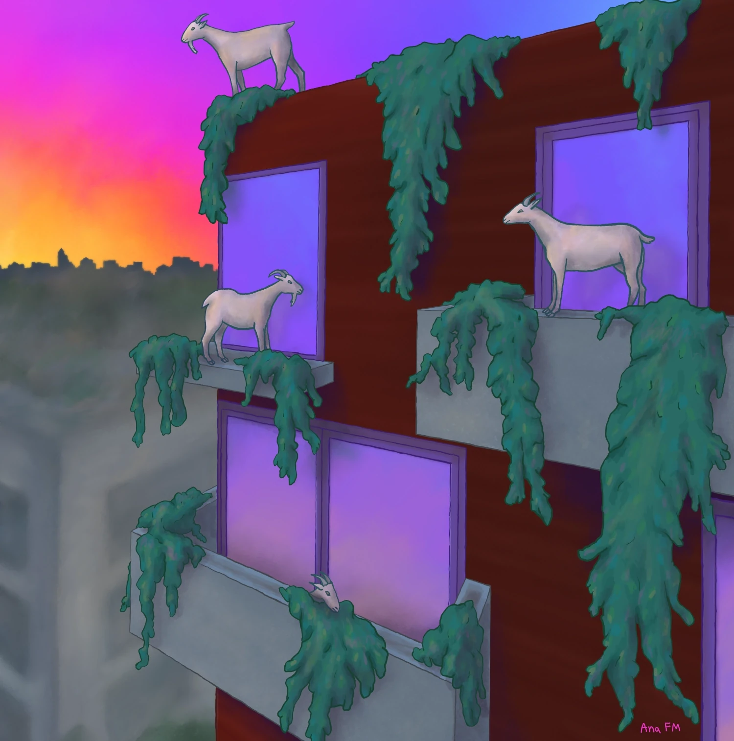 Un grupo de cabras escala hasta lo más alto de un edificio durante el atardecer