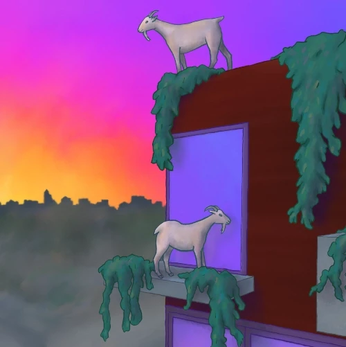 Un grupo de cabras escala hasta lo más alto de un edificio durante el atardecer