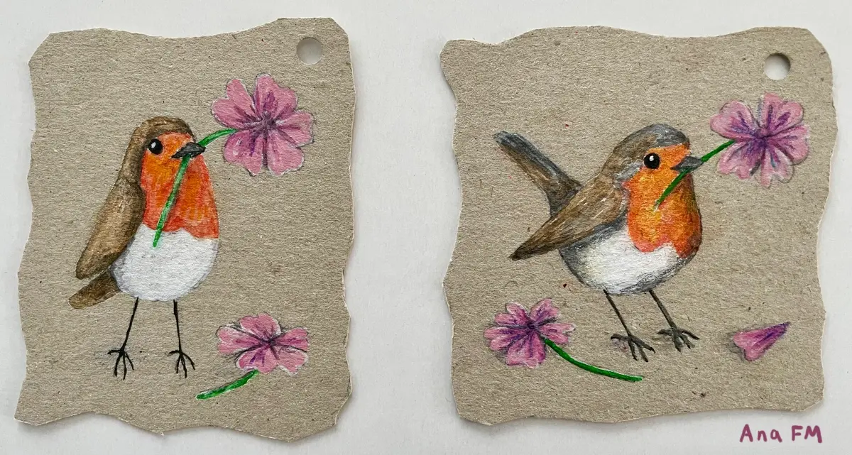 Dos etiquetas para regalo ilustradas con sendos petirrojos