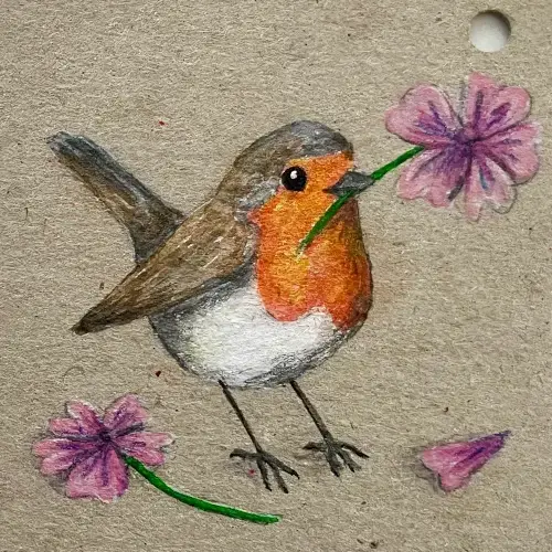 Dos etiquetas para regalo ilustradas con sendos petirrojos