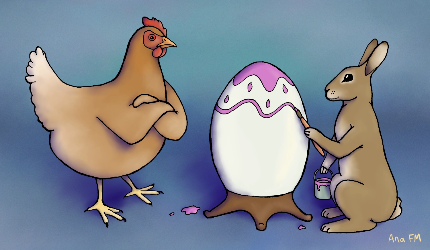 Una gallina se enfada al ver que una liebre pinta un huevo de pascua