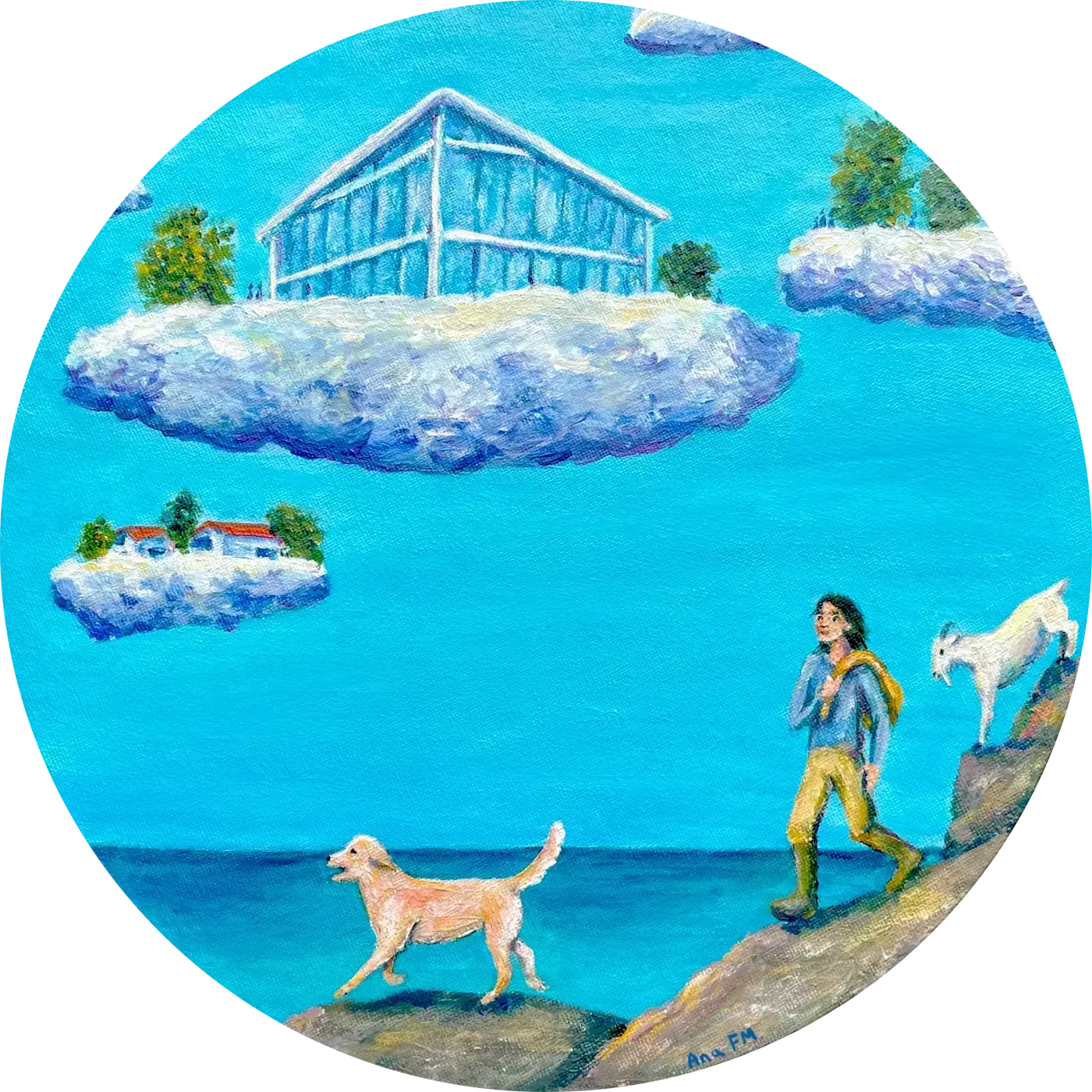 Al lado del mar, una persona junto a un perro y una cabra pasean bajo nubes, donde hay edificios y árboles