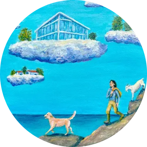 Al lado del mar, una persona junto a un perro y una cabra pasean bajo nubes con edificios y árboles