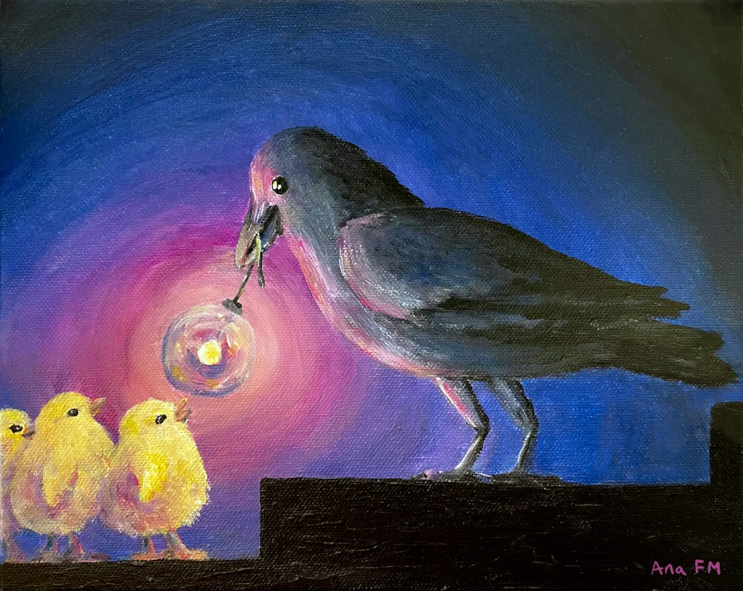 Una corneja ilumina el camino de huida a unos pollitos