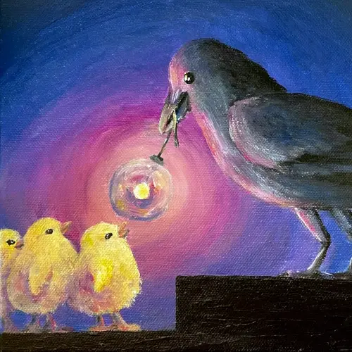 Una corneja ilumina el camino de huida a unos pollitos