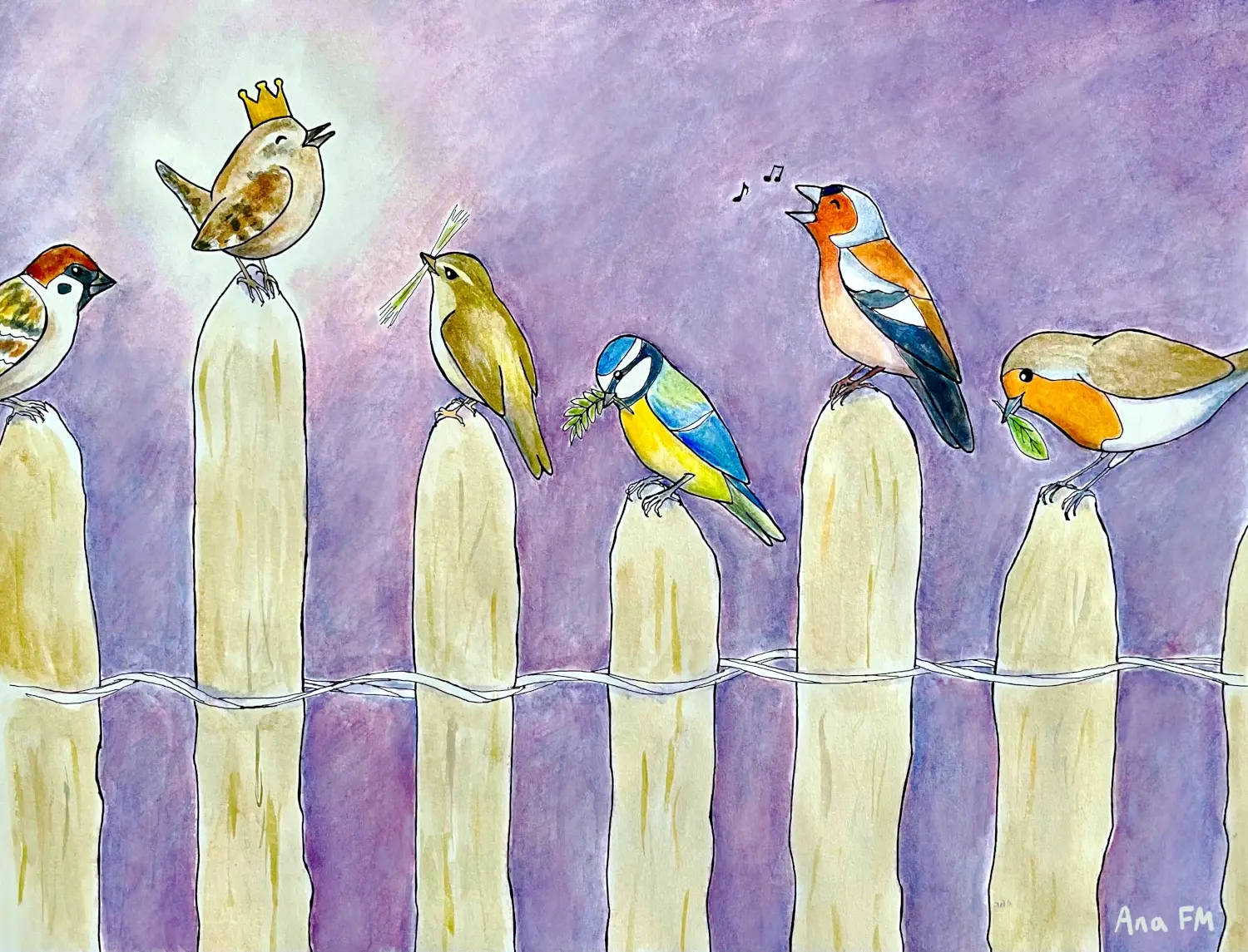 En una valla, diferentes pájaros adoran a su rey, el chochín paleártico