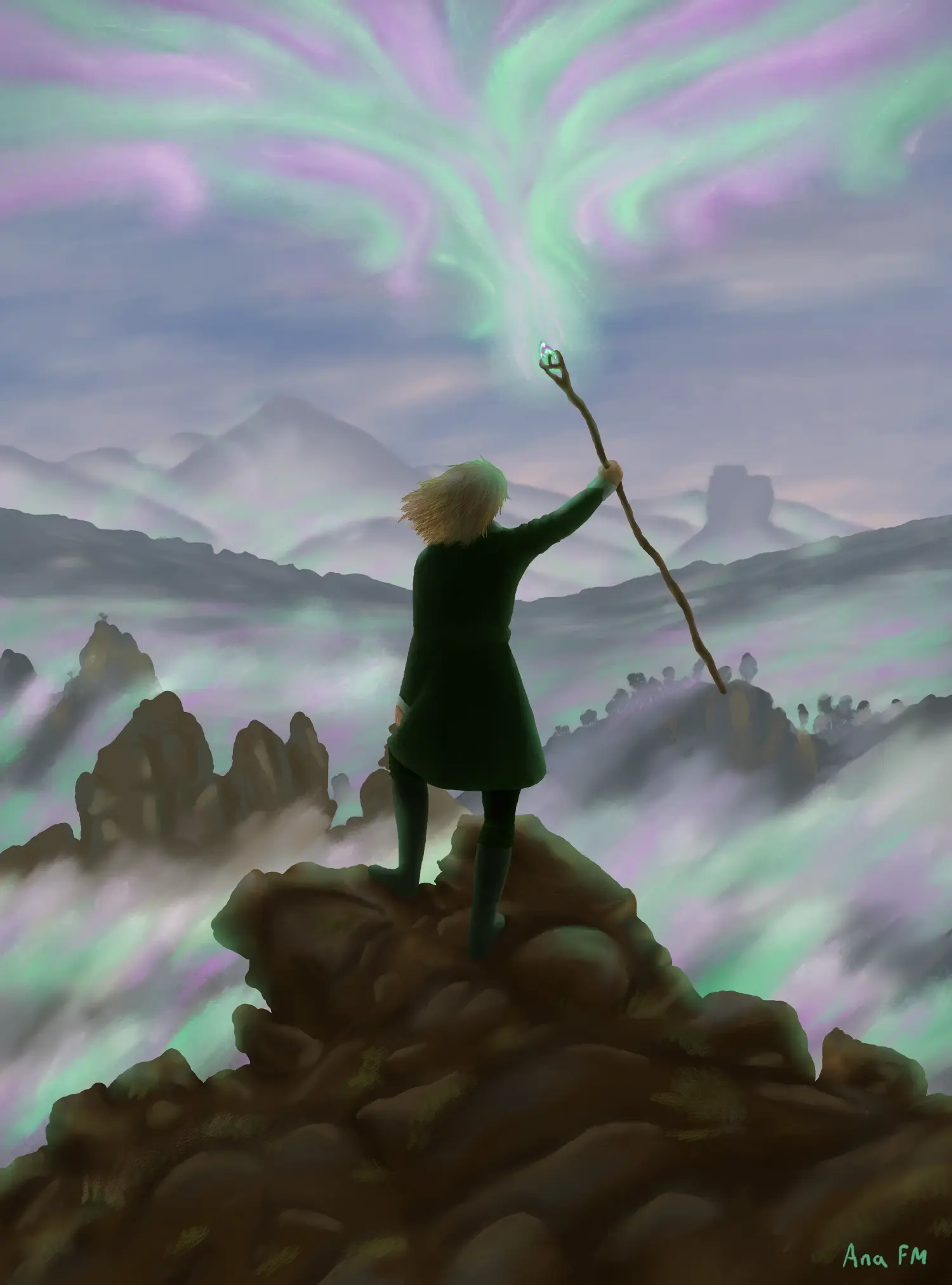 Una maga usa su bastón para llamar a la magia