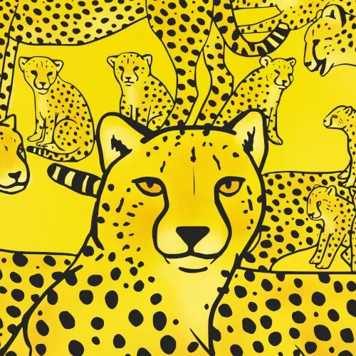 Decenas de guepardos sobre un fondo amarillo
