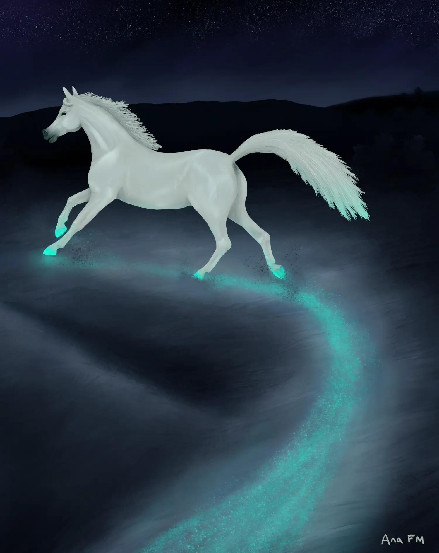 Quien me siga llegará al final de la noche Un caballo galopa en el desierto por la noche dejando tras de sí una estela de luz