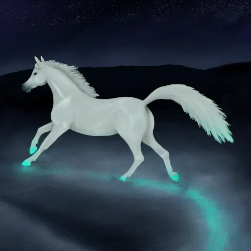 Un caballo galopa en el desierto por la noche dejando tras de sí una estela de luz