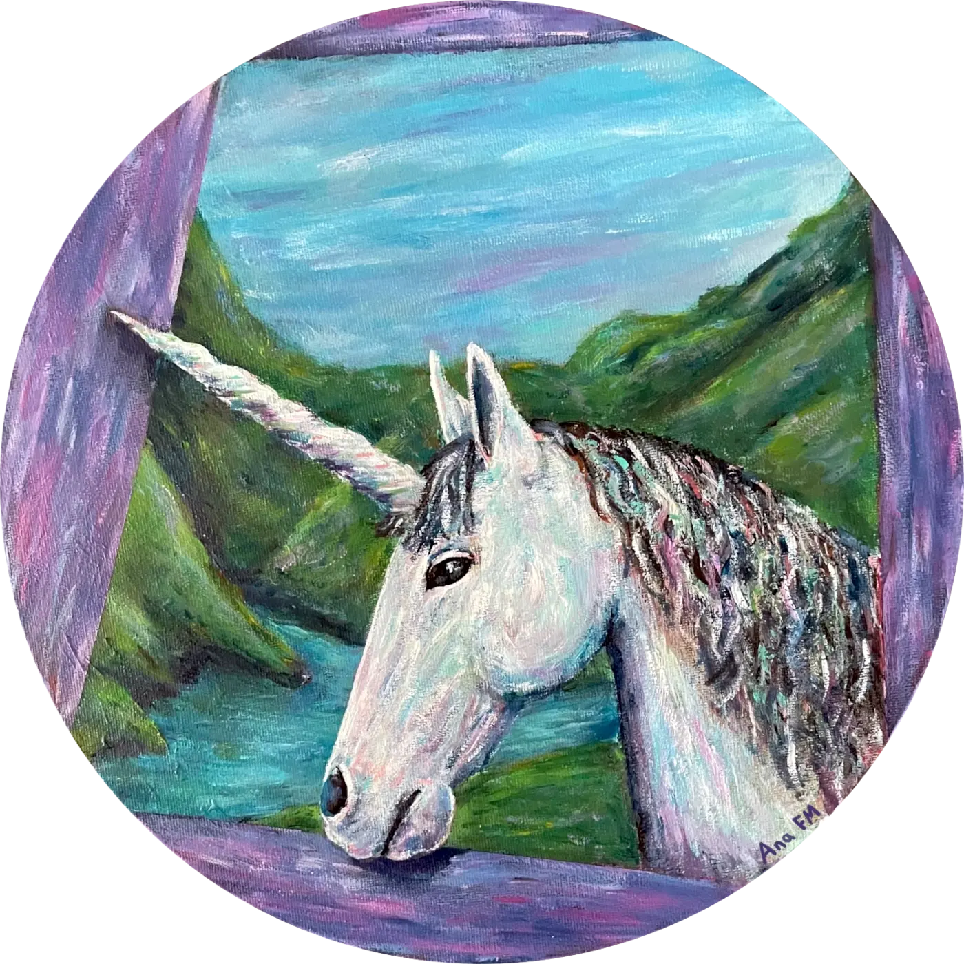 Un unicornio se asoma por un marco de forma irregular con un fiordo a sus espaldas