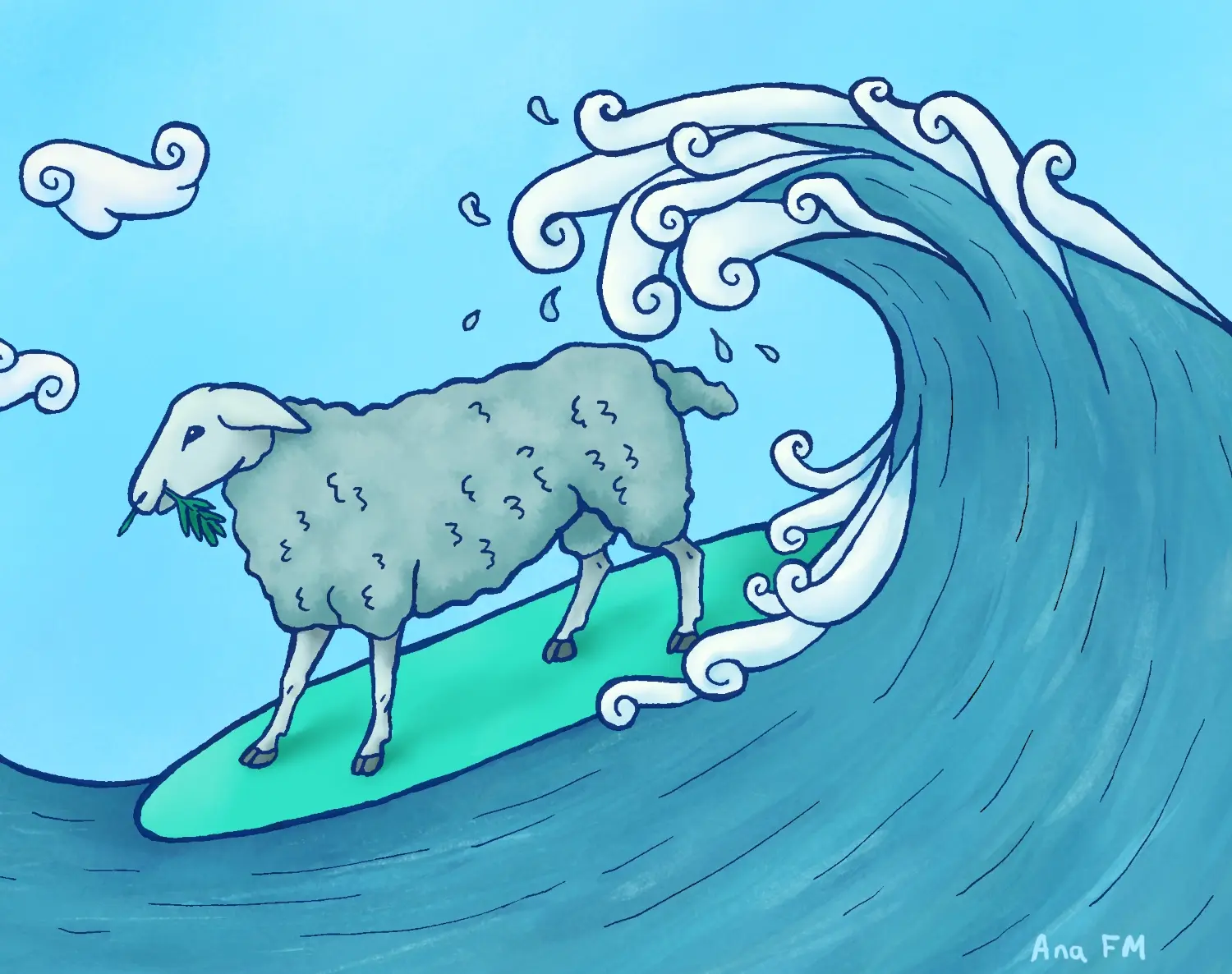 Una oveja practica surf sobre una ola