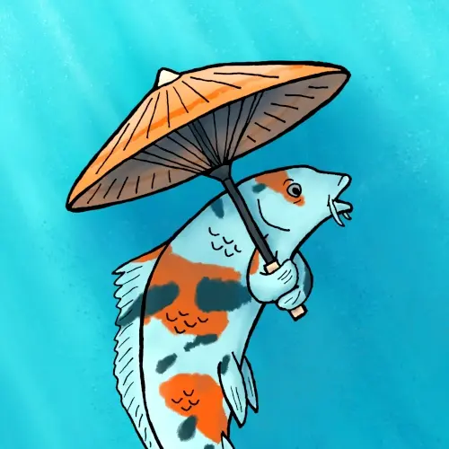 Un koi se protege con una sombrilla