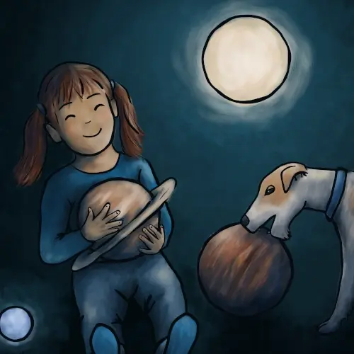 Una niña y su perro juegan con planetas del sistema solar