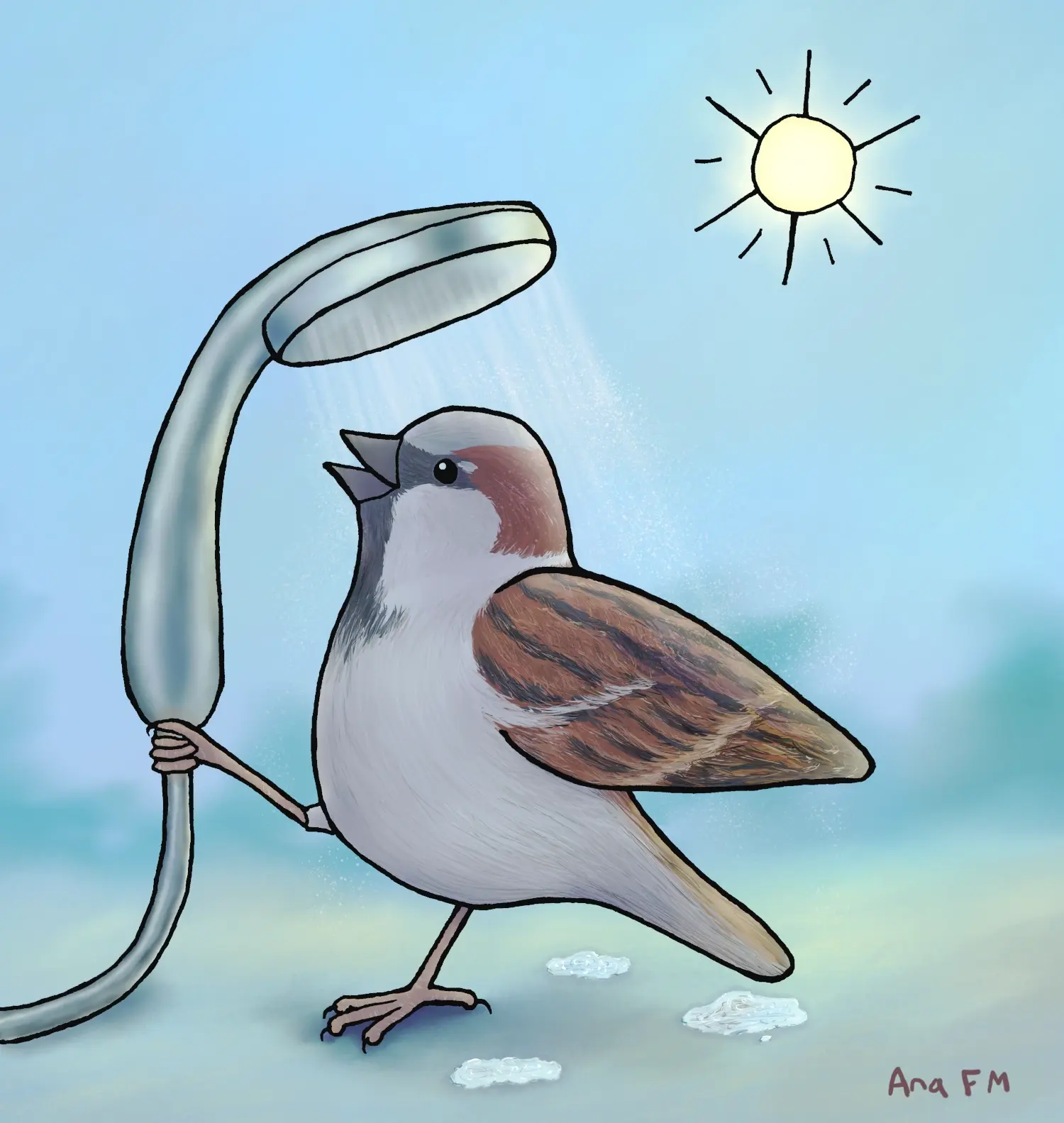 Un gorrión se ducha bajo el sol