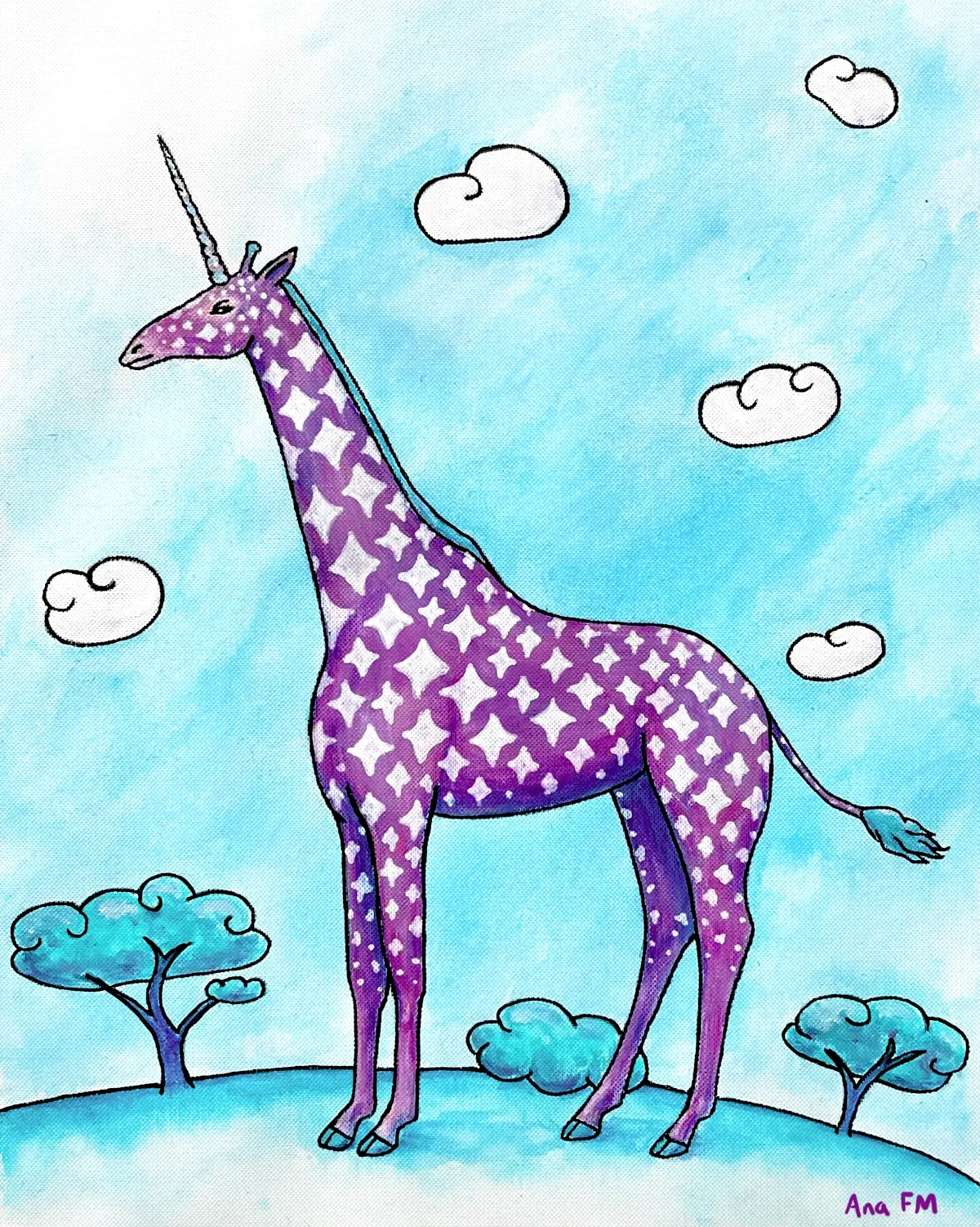 Una jirafa de pelaje morado con cuerno de unicornio