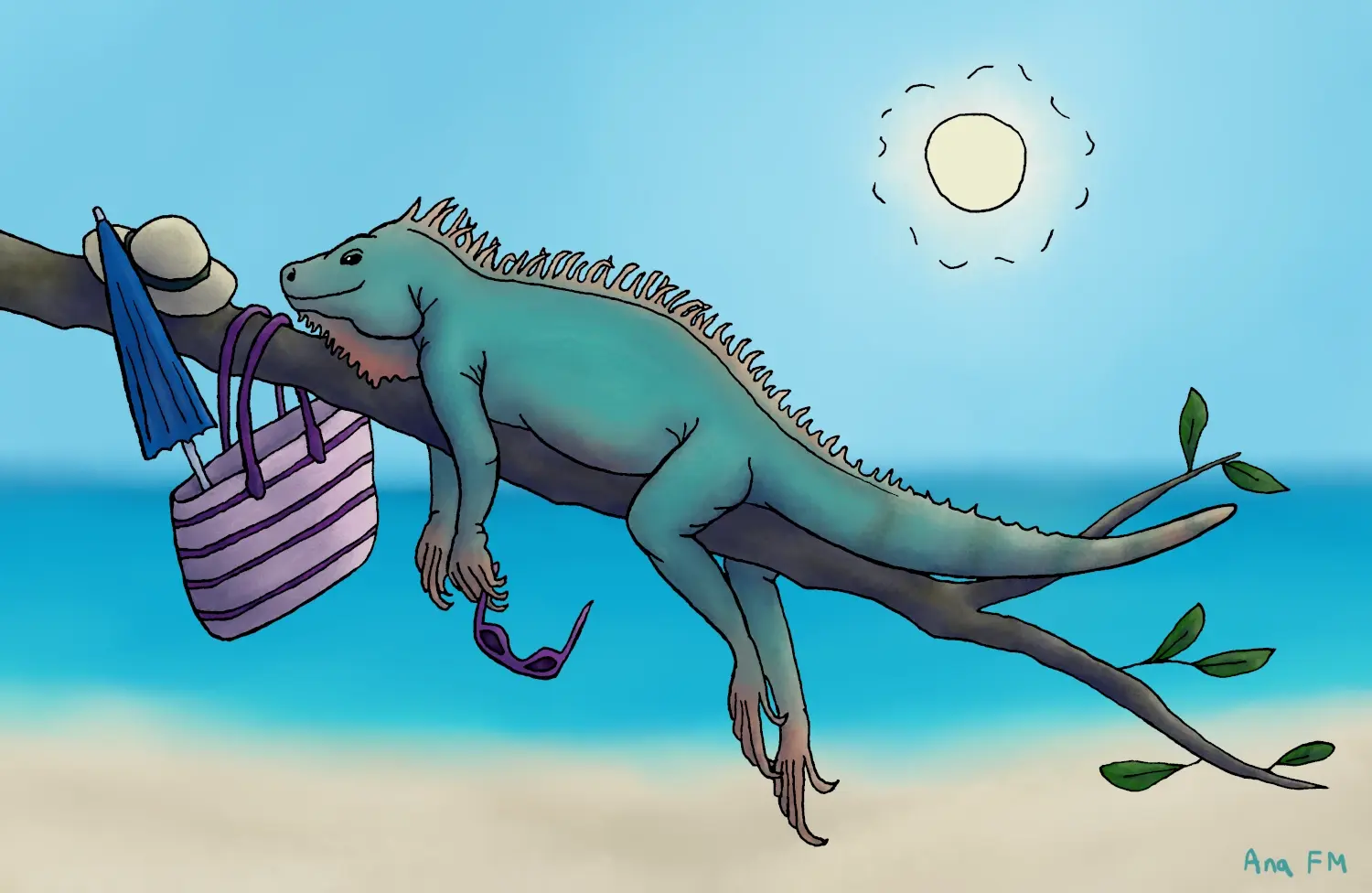 Ahora que hay menos turistas, puedo dejar de fingir Una iguana descansa sobre una rama en una playa