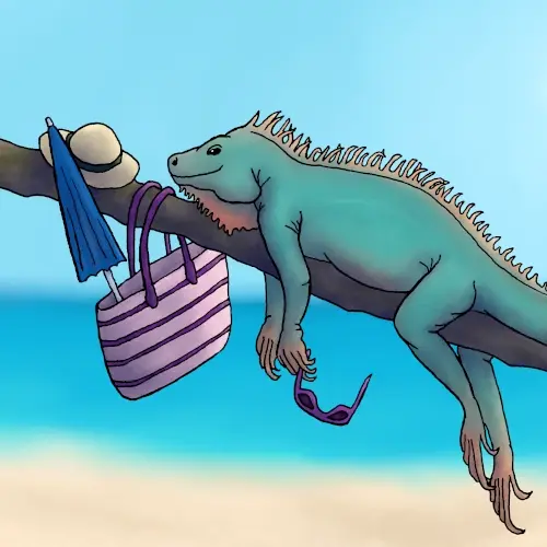 Una iguana descansa sobre una rama en una playa