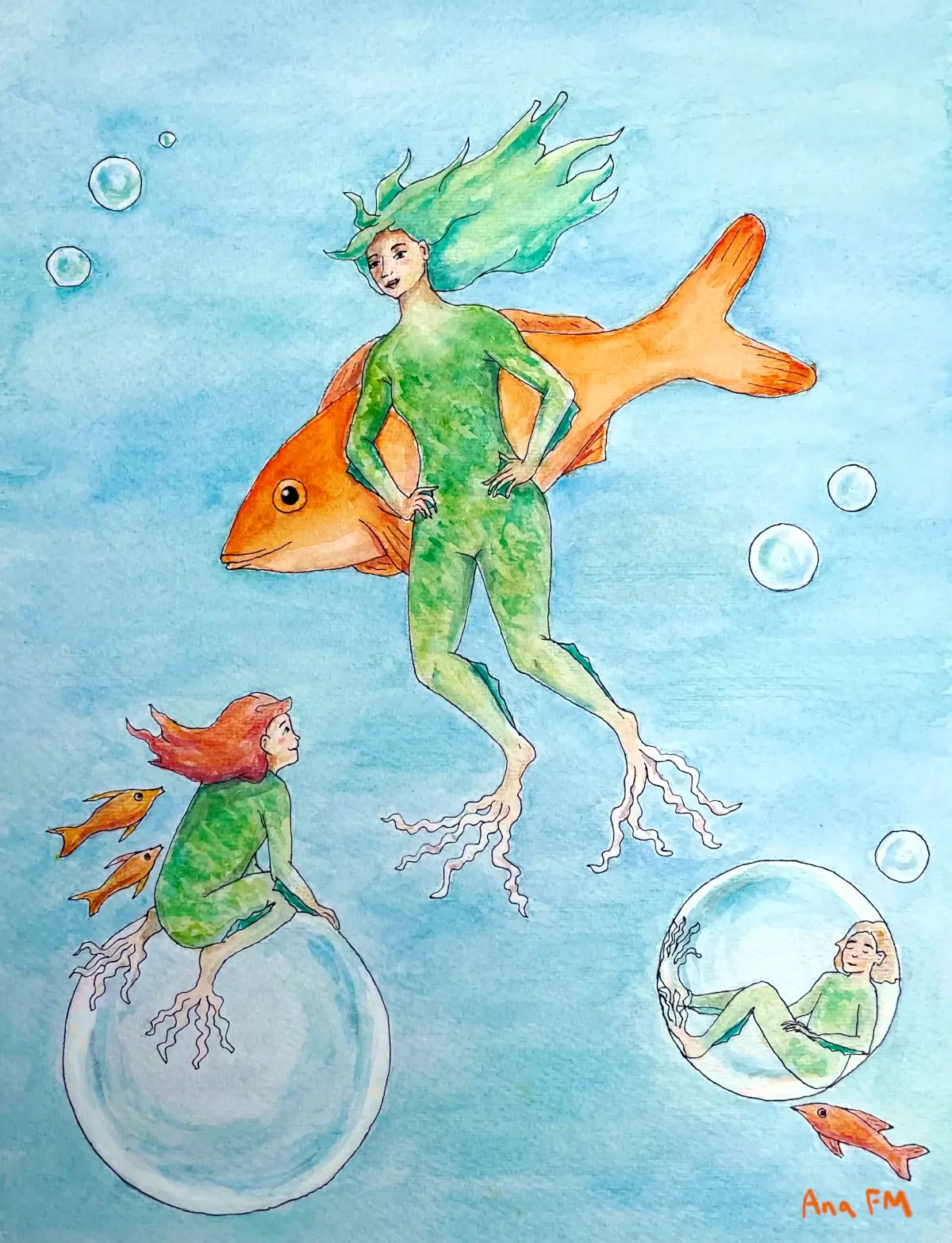 Seres marinos, con forma casi humana, juegan con burbujas y peces