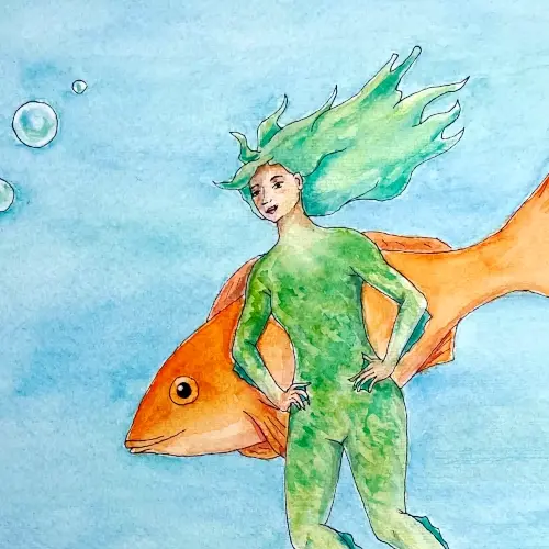 Seres marinos, con forma casi humana, juegan con burbujas y peces